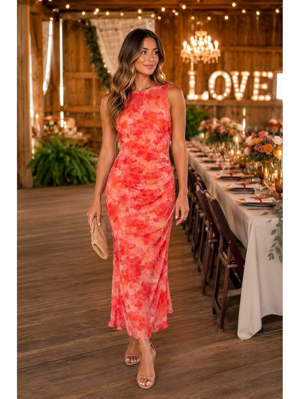 NWT Lulus Elyra Orange Abstract Mesh Ruched Midi Dress Medium